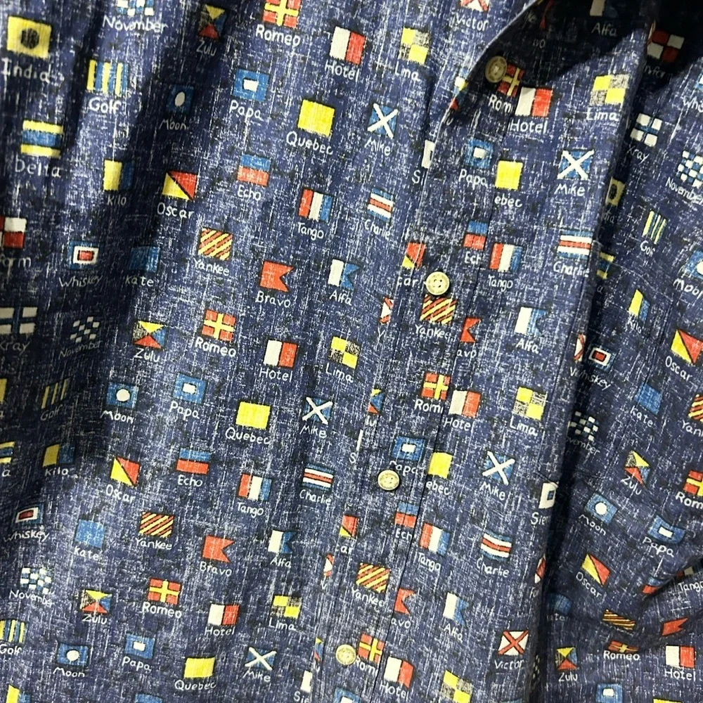 reyn spooner Navy Short Sleeve Button-Down with Multicolor Nautical Flag